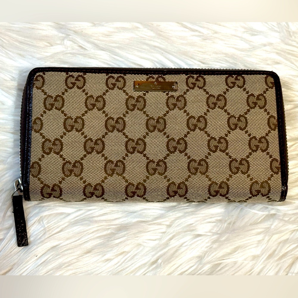 Gucci Monogram Canvas Dark Chocolate Italian Leather Zippy Wallet/Organizer EUC - Picture 4 of 17